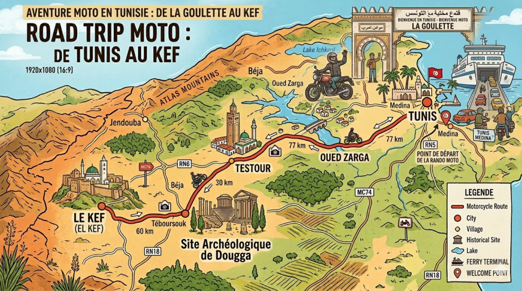 Accueil des voyageurs à moto au port de la Goulette pour visité le nord de la Tunisie