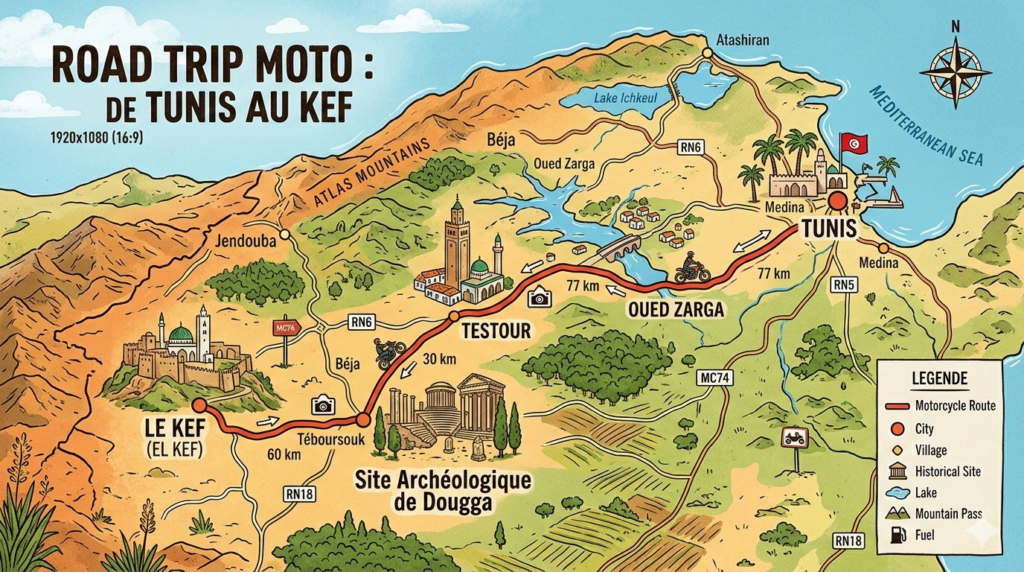 carte-routiere-moto-trajet-Tunis-vers-le-Kef