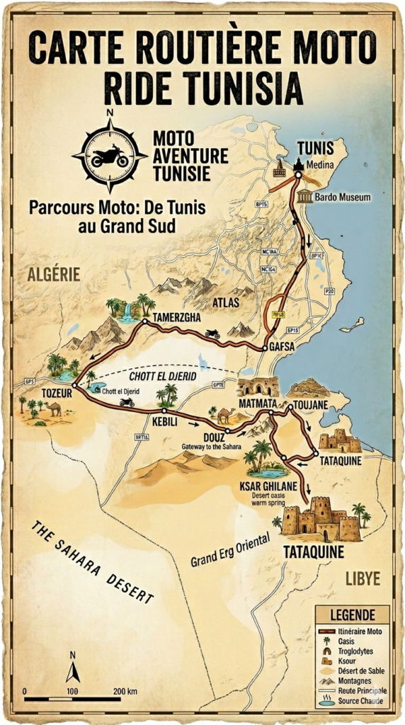 carte routiere pour les voyageurs en moto dans le sud tunisien