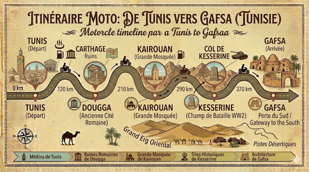 Itinéraire moto pour aller de Tunis vers Gafsa
