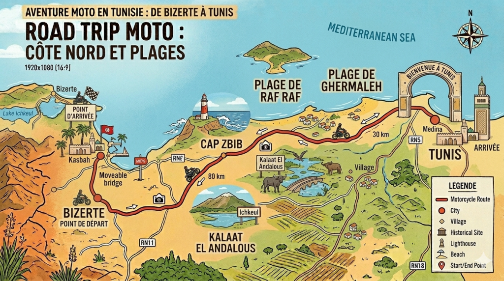 road trip a moto entre Bizerte et Tunis